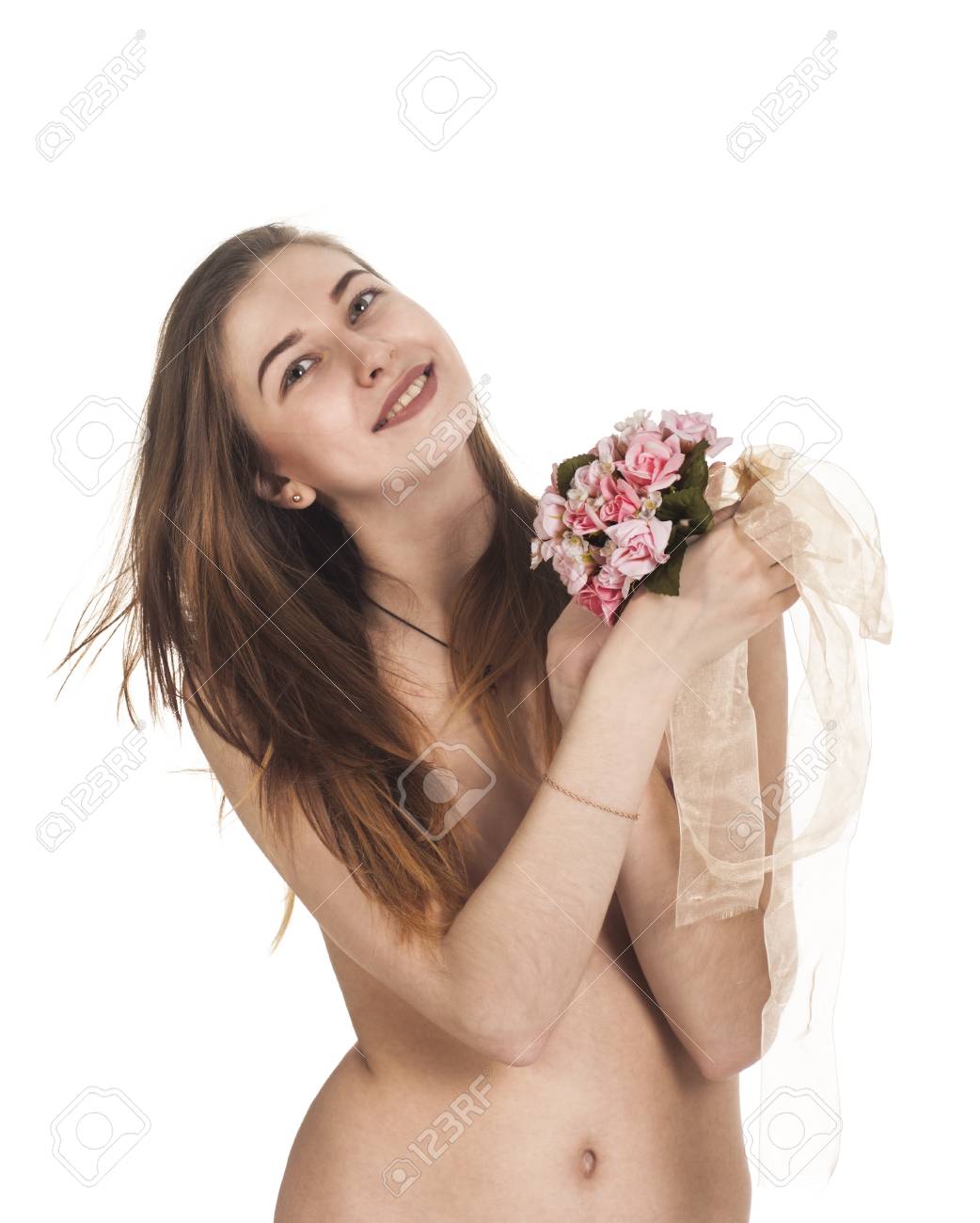 A Youngnaked Girl Smiling And Posing With A Bouquet Of Flowers Studio Shot A Youngnaked Girl Smiling And Posing With A Bouquet Of Flowers Studio Shot
