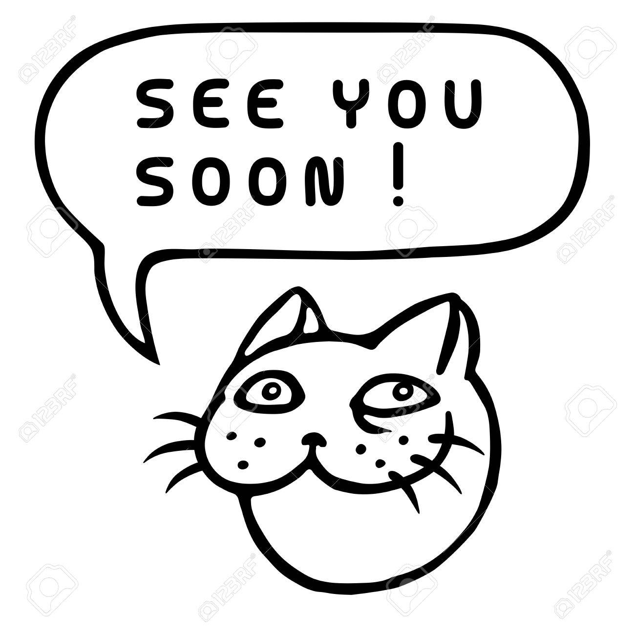 じゃあね 猫の漫画の頭 吹き出し ベクトルの図 面白いクールな顔文字 輪郭フリーハンド デジタル図面かわいい文字 Web アイコンとシャツの陽気なペット のイラスト素材 ベクタ Image