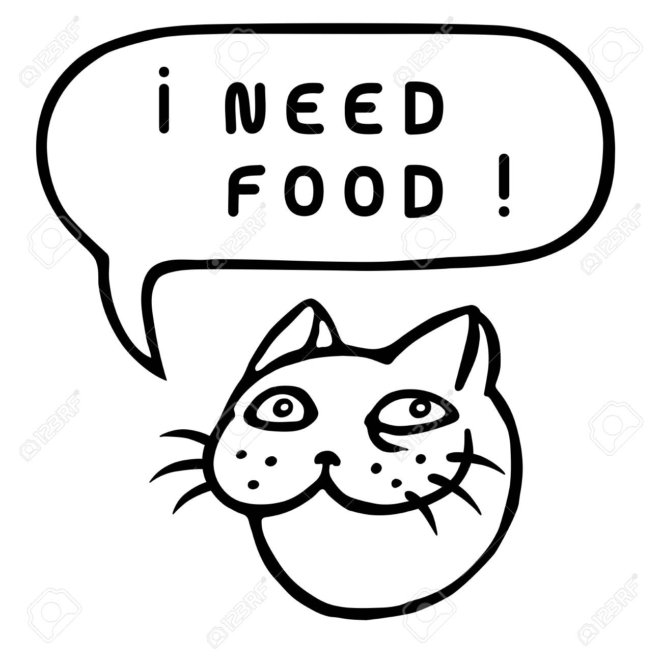 食料が足りない 猫の漫画の頭 吹き出し ベクトルの図 面白いクールな顔文字 輪郭フリーハンド デジタル図面かわいい文字 Web アイコンとシャツの陽気なペット のイラスト素材 ベクタ Image