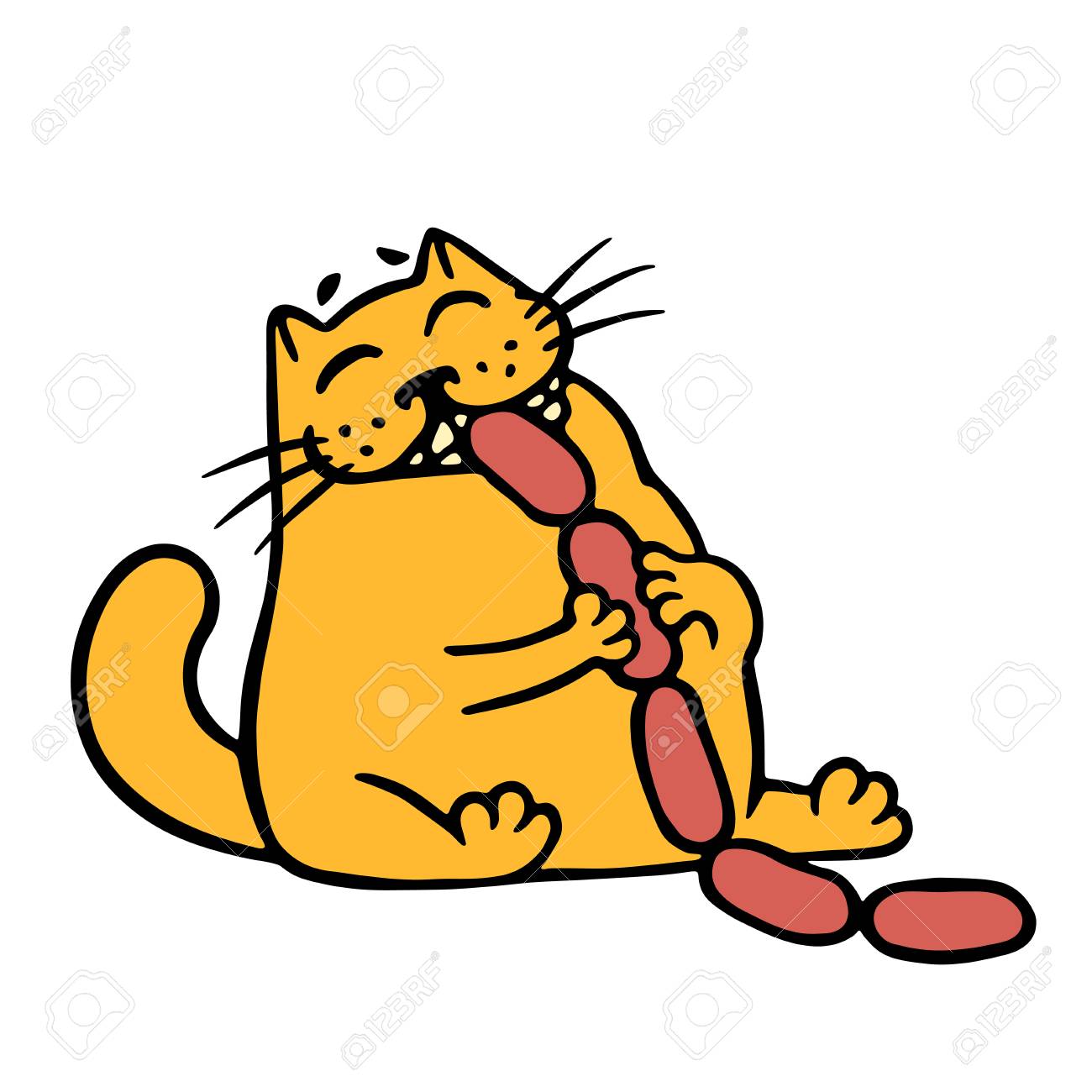 Orange Cat Eats Sausages Funny Cartoon Cool Character Contour Freehand Digital Drawing Cute Cat White Color Background Cheerful Pet For Web Icons And Shirt Isolated Vector Illustration Royalty Free Cliparts Vectors And