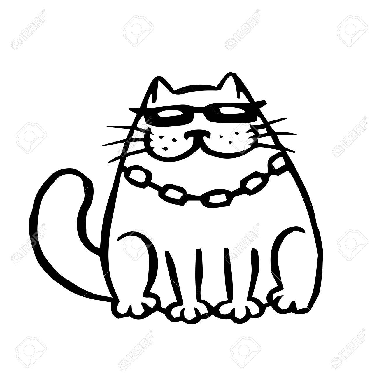 黒眼鏡で盗賊猫 面白い漫画のクールなキャラクター 輪郭フリーハンド デジタル図面かわいい猫 白い色の背景 Web アイコンとシャツの陽気なペット ベクトル図を分離しました のイラスト素材 ベクタ Image