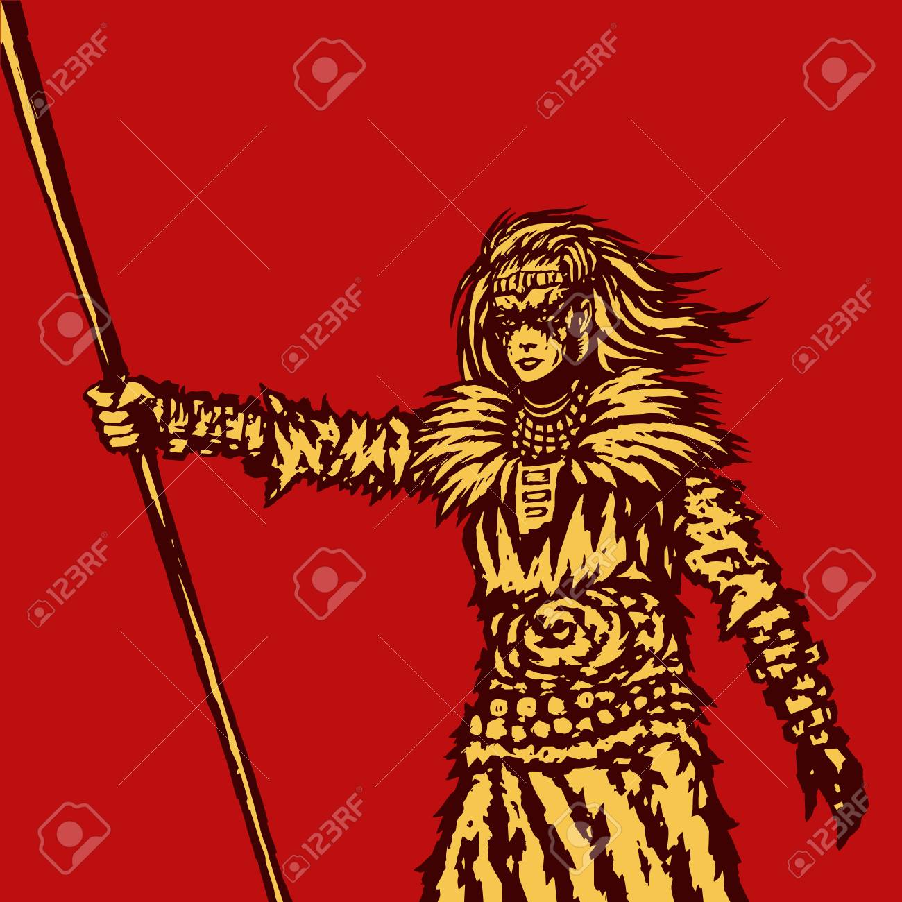 戦士の女の子は戦闘イラストの準備ができて槍を保持しています ファンタジーアートワーク フリーハンドデジタル描画 のイラスト素材 ベクタ Image