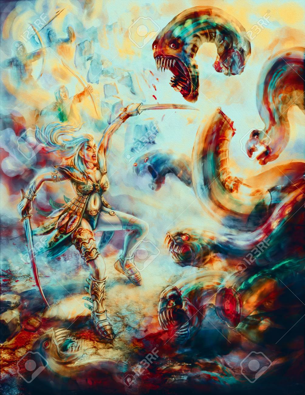 Female knight is killing a monster hydra. Colorful picture in the genre of fantasy. - 102347799