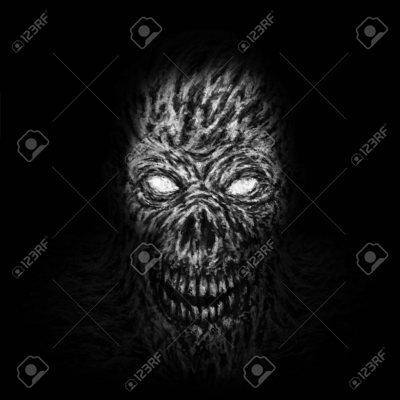 Evil Demon Skull Illustration. Black And White Colors. Genre Of Horror. Scary  Monster Face. States Of Mind. Stock Photo, Picture and Royalty Free Image.  Image 115385361., image size:1300x1300