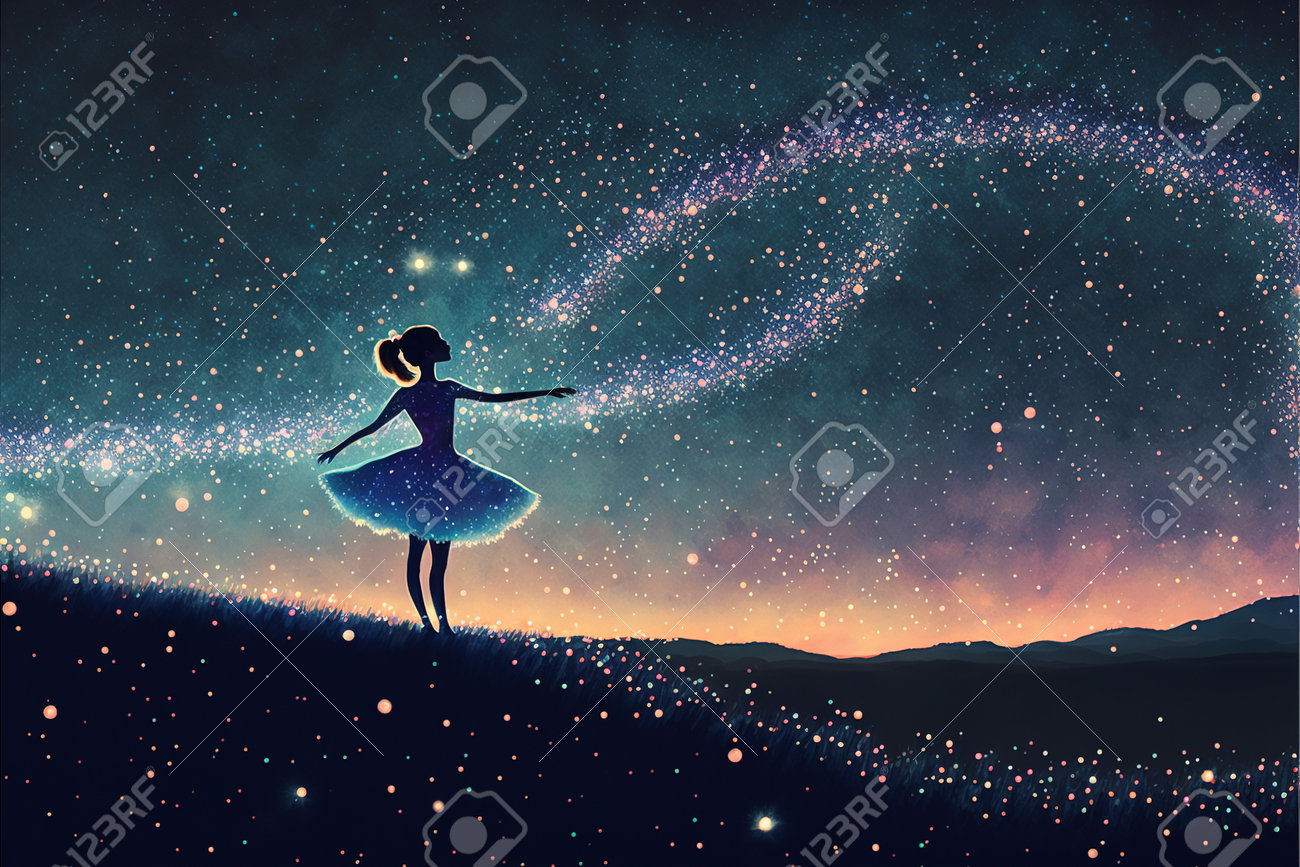 バレリーナが踊っている。ホタルと夜空を背景に踊るバレリーナ