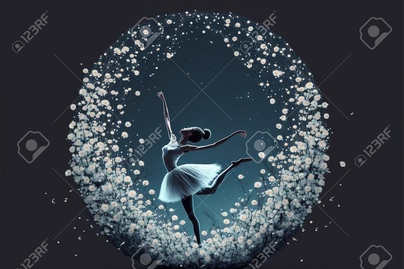 踊る女の子。夜空を背景に丘の上でホタルと踊るバレリーナ、デジタル