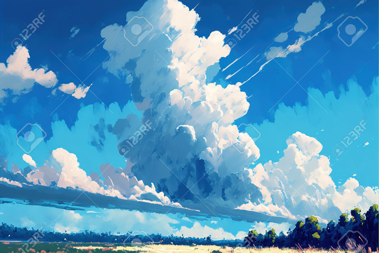 雲と青空。マンガ、アニメ、コミックスタイルの雲と青い空。デジタル