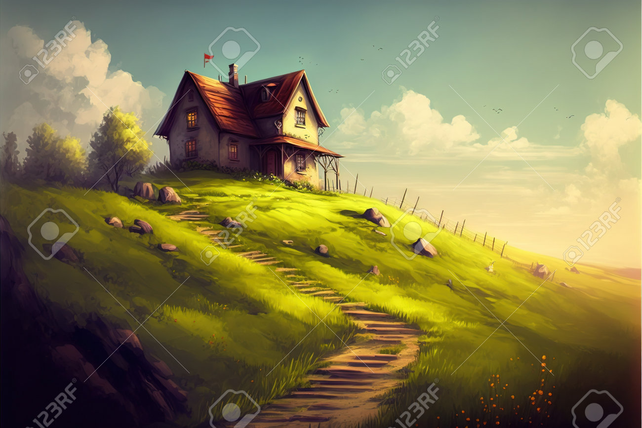 Fantastic Landscape Showing Pathway To The House On A Hill