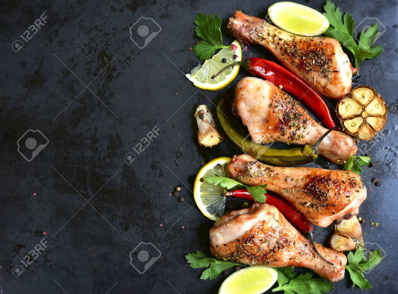 Grilled spicy chicken legs.Top view.Copy space background. - 52630309 Grilled spicy chicken legs.Top view.Copy space background. - 52630309
