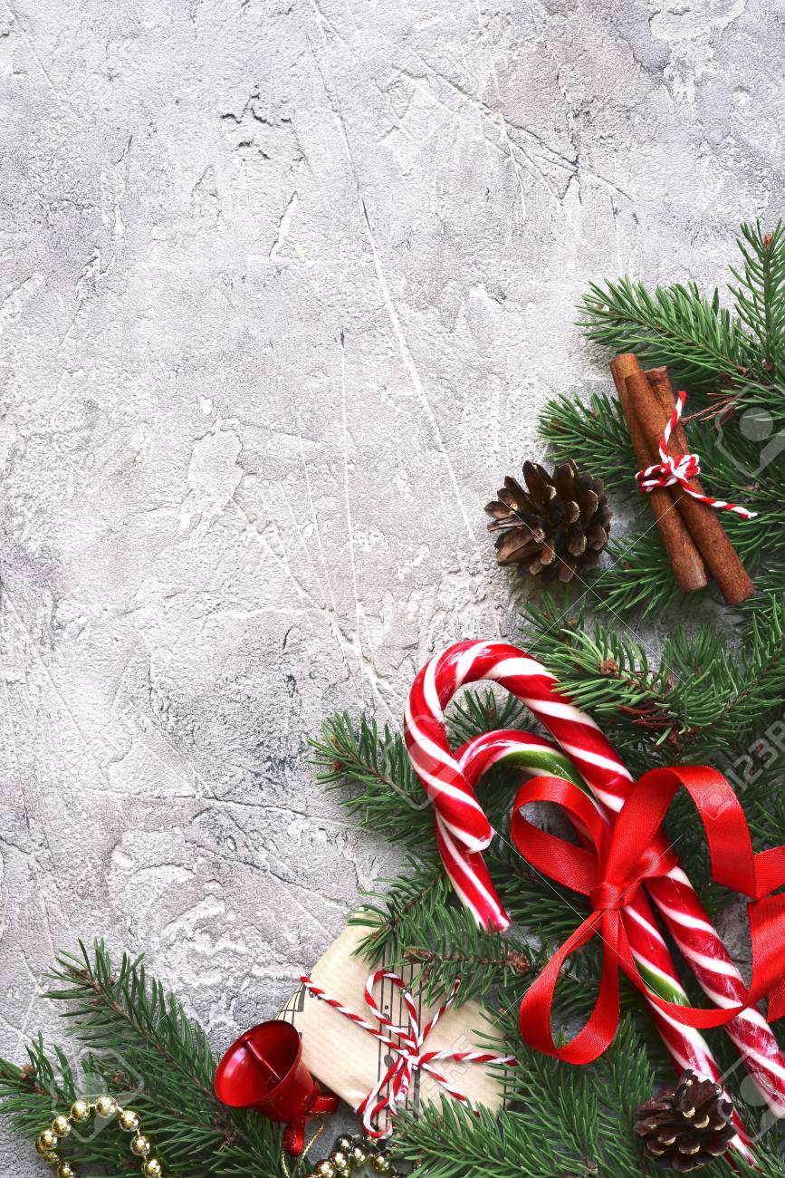 Christmas Festive Decorations On A Grey Slate Stone Or Concrete Stock Photo Picture And Royalty Free Image Image 87094681