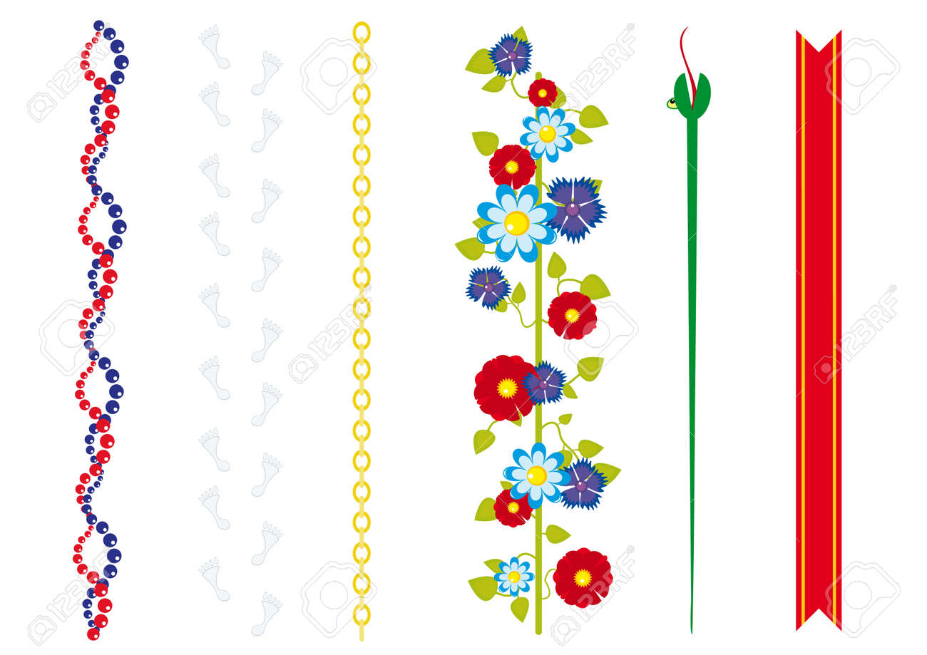 ベクトルのさまざまなブラシのセット 分子 足跡 鎖 花の咲く蔓植物 ボア 派手なリボン のイラスト素材 ベクタ Image