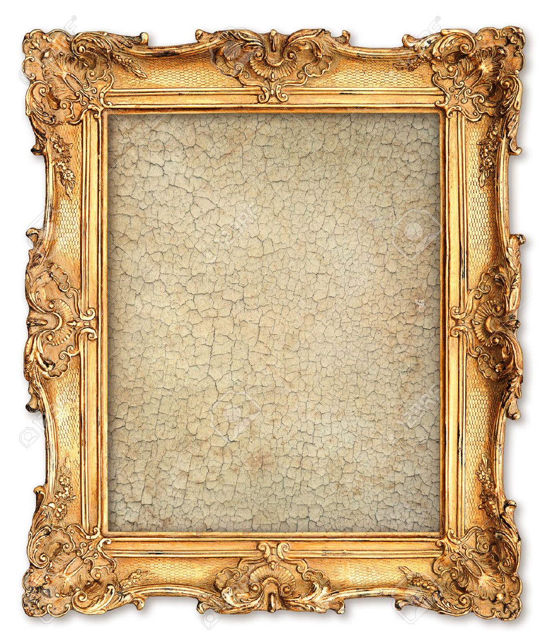 Stock Photo - old golden frame with empty grunge cracked canvas for your picture, photo, image beautiful vintage background