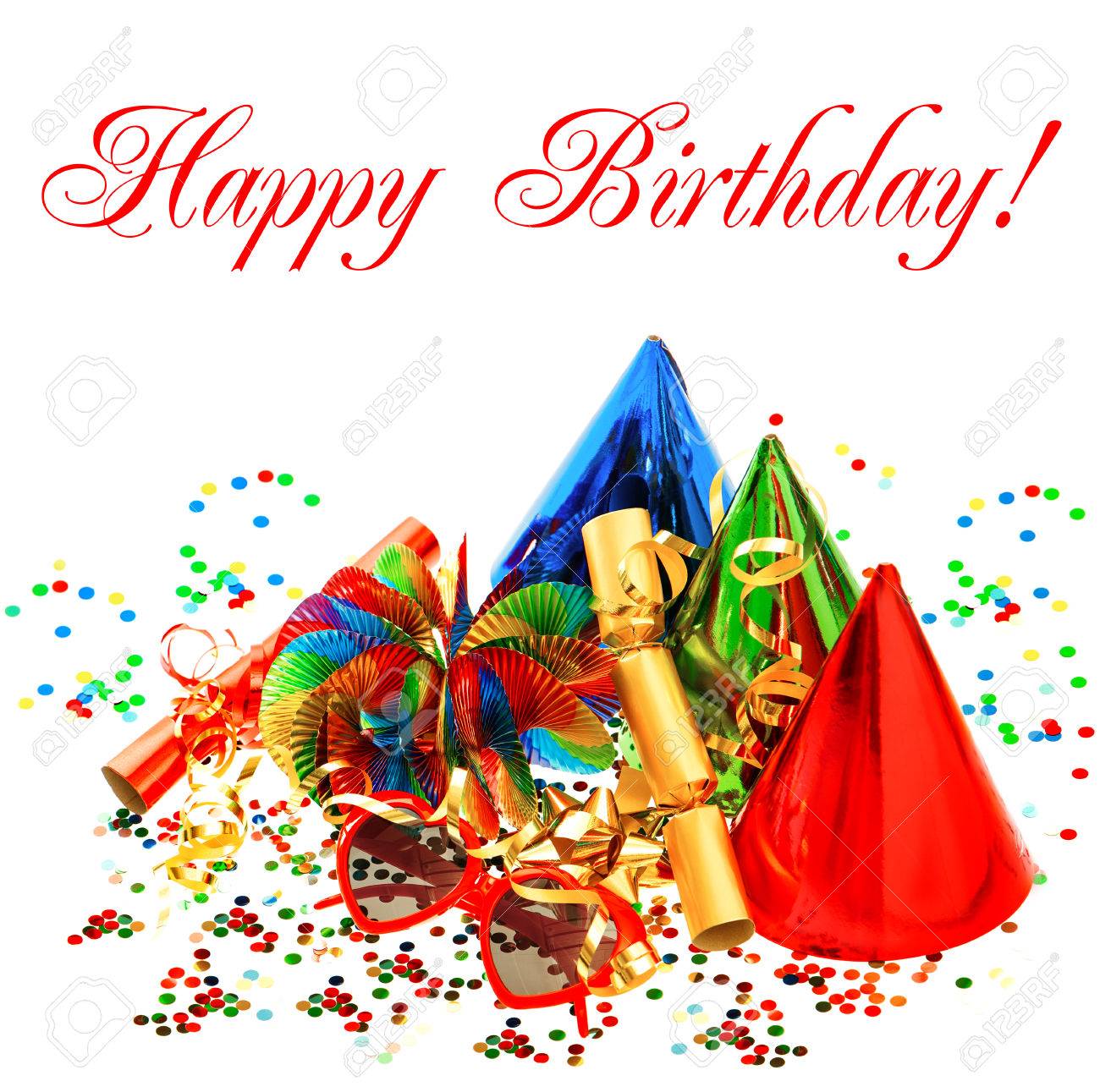 Carnaval Colore Et Decoration De Fete D Anniversaire Guirlandes Banderoles Cracker Des Verres Et Des Confettis Concept De Carte Avec Un Texte D Exemple Joyeux Anniversaire Banque D Images Et Photos Libres De Droits Image