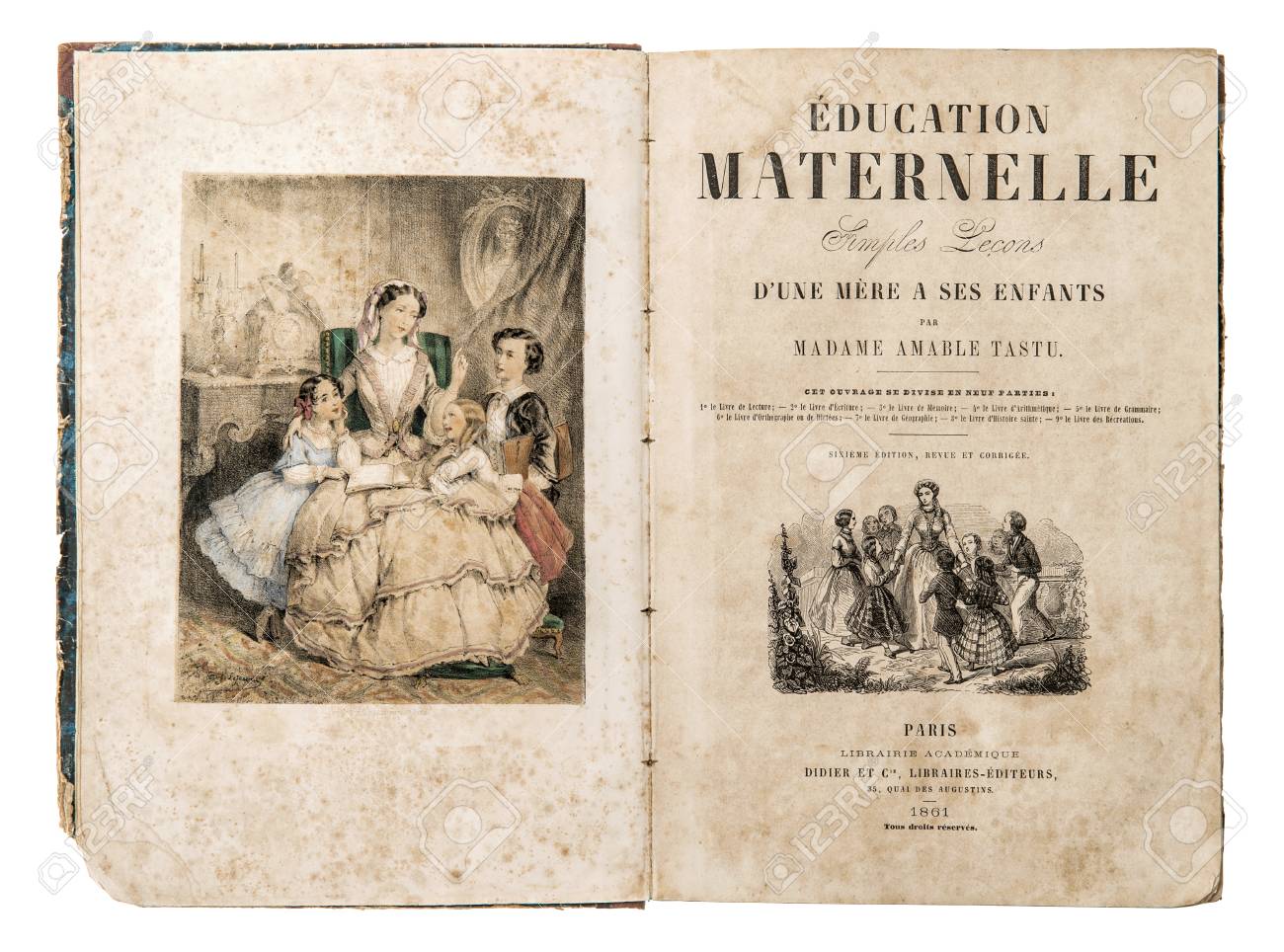 1861 年から幼児用アンティーク フランス教育本 ビンテージ フォントおよび高齢紙の写真 の写真素材 画像素材 Image