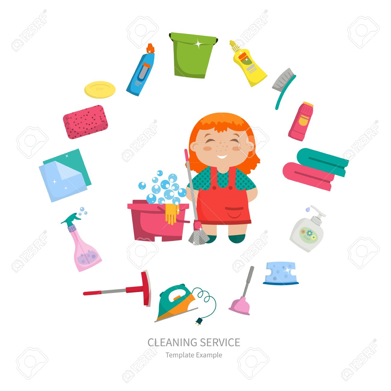 cartoon girl with a set of objects for cleaning the house brushes house cleaning pictures cartoon