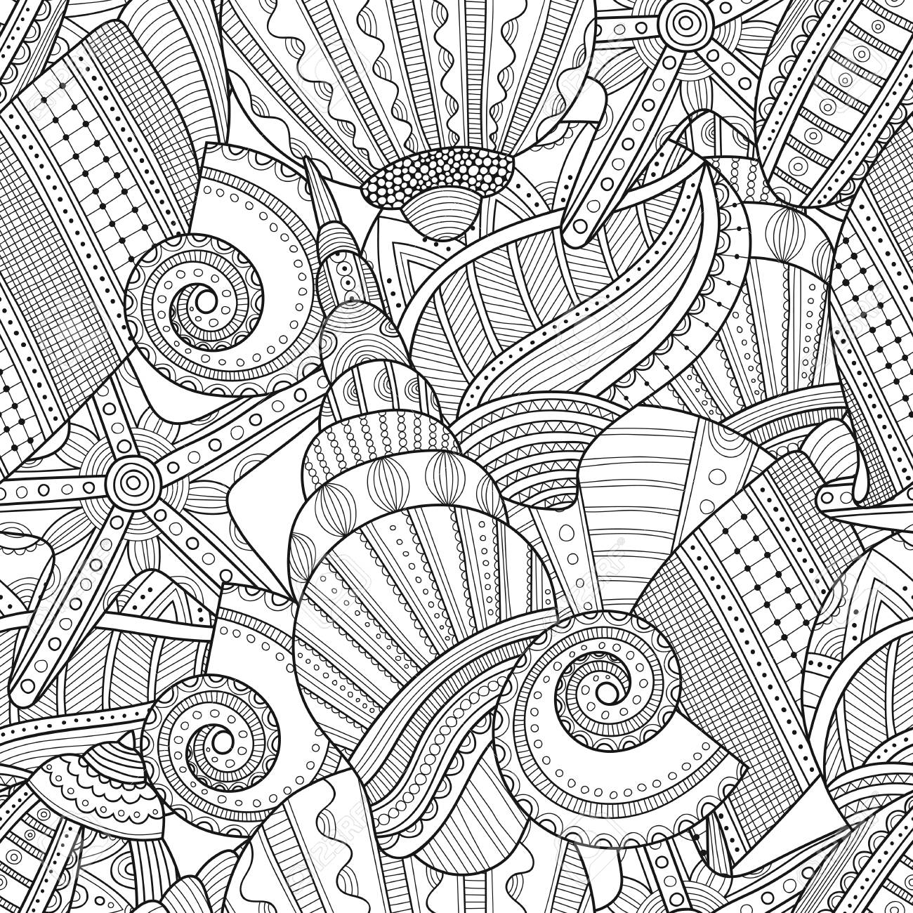 Sea Shells Black And White Seamless Pattern For Coloring Book Pages Vector Illustration