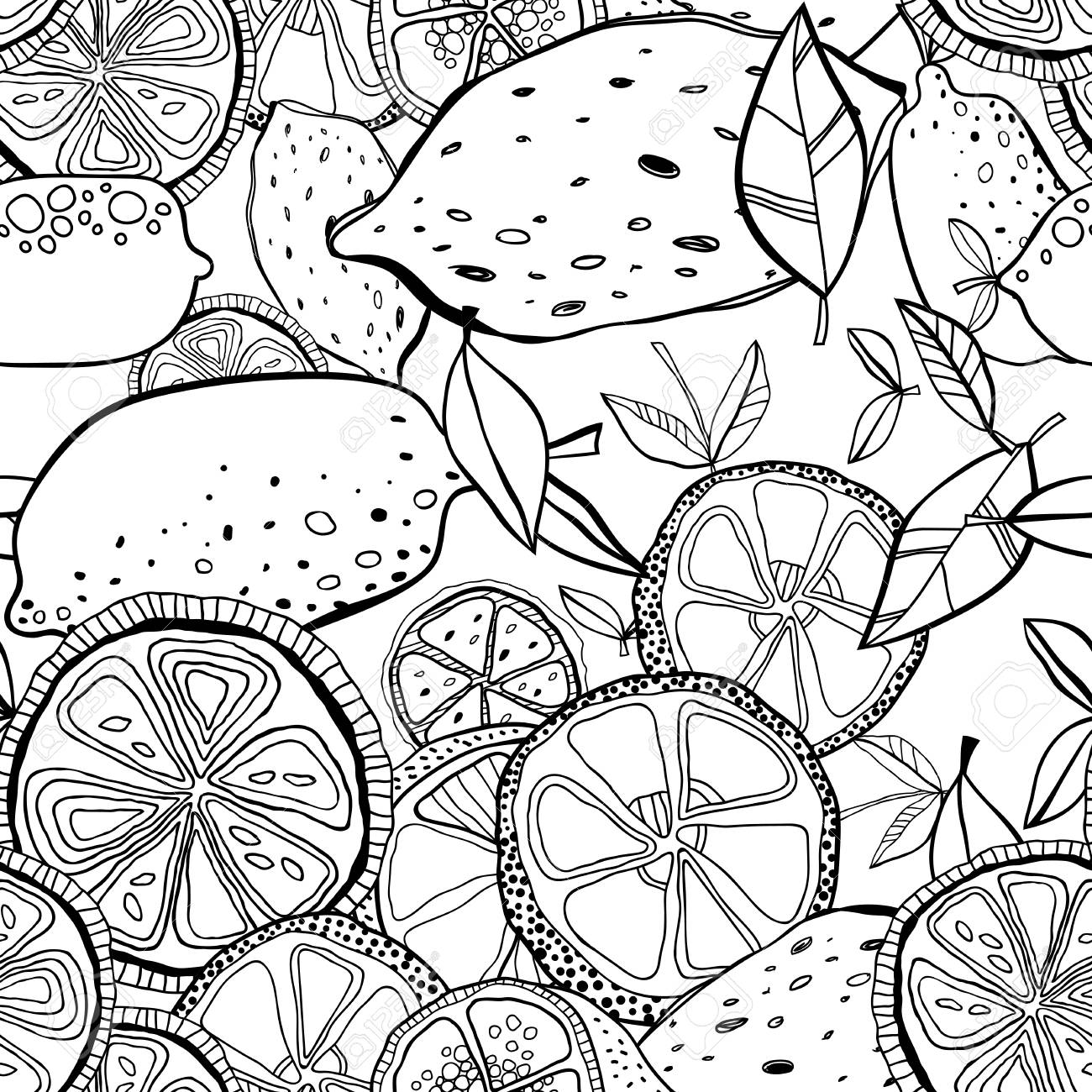 レモンのスライス手描きの果物とシームレスなパターン 塗り絵用の白黒イラスト ベクトルのイラスト素材 ベクタ Image レモンのスライス手描きの果物とシームレスなパターン 塗り絵用の白黒イラスト ベクトルのイラスト素材 ベクタ Image