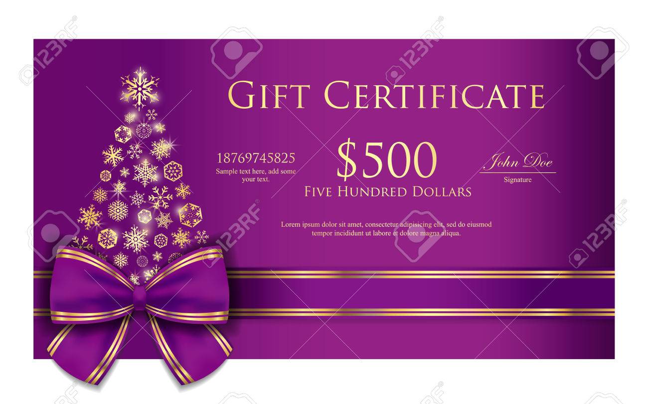 exclusive christmas gift certificate with purple ribbon and gold