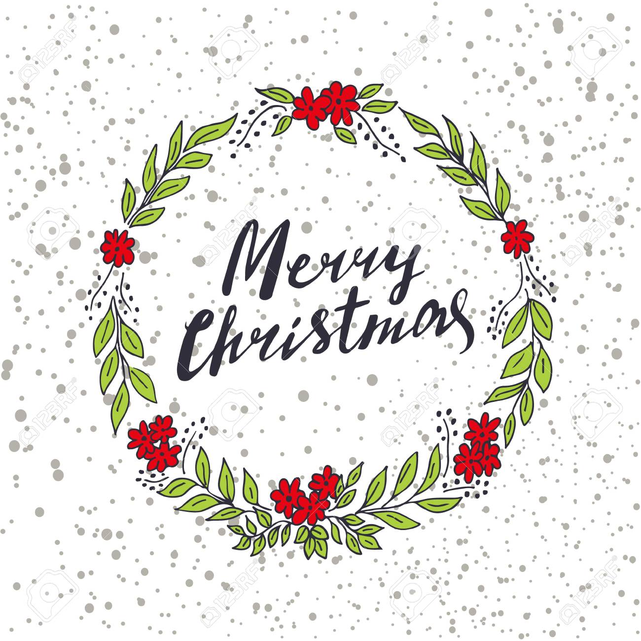christmas wreath with flowers merry christmas hand lettering