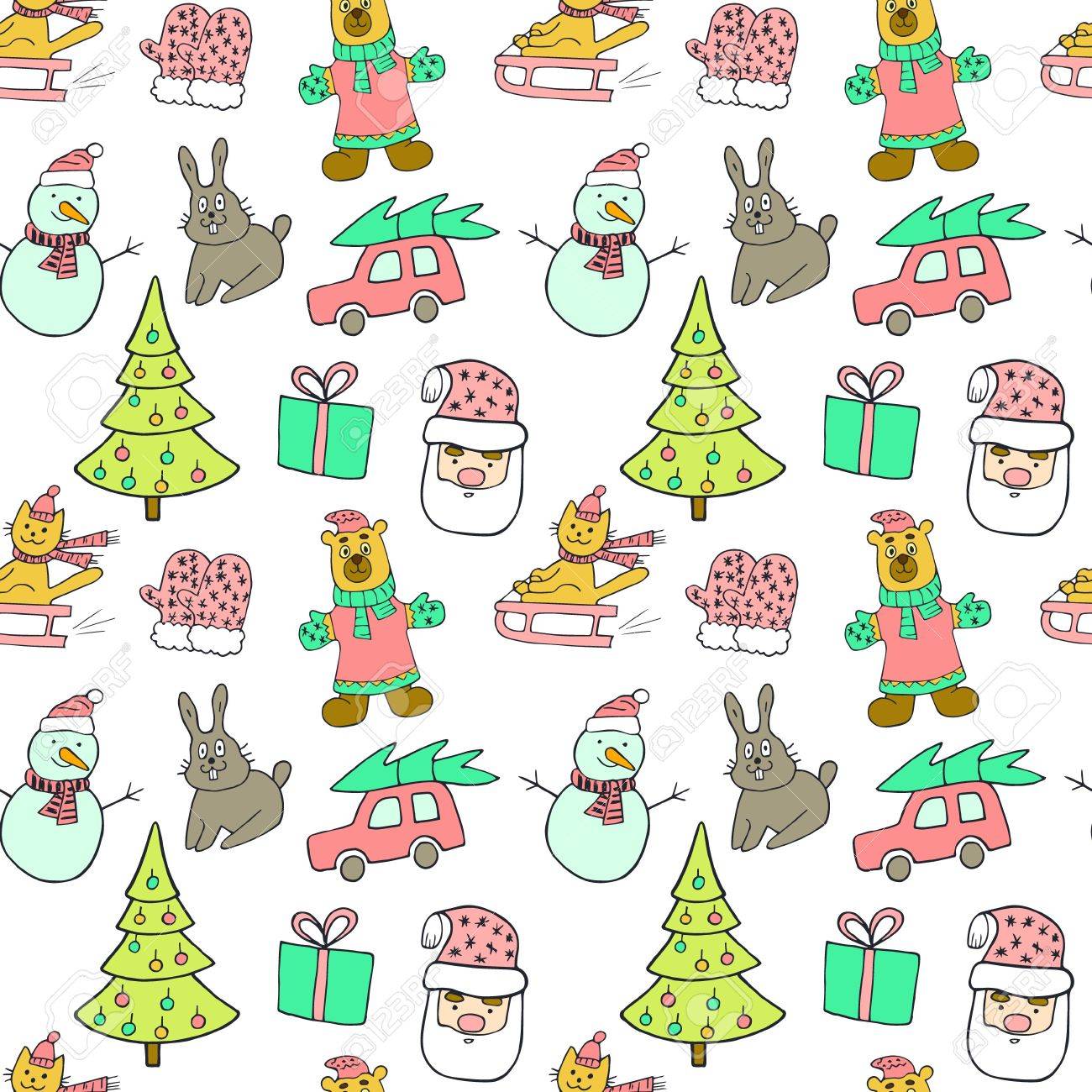 かわいいクリスマスと新年のシームレスなパターン そり クリスマス ツリー うさぎ 車 プレゼント 雪だるま サンタ クロースの猫 のイラスト素材 ベクタ Image