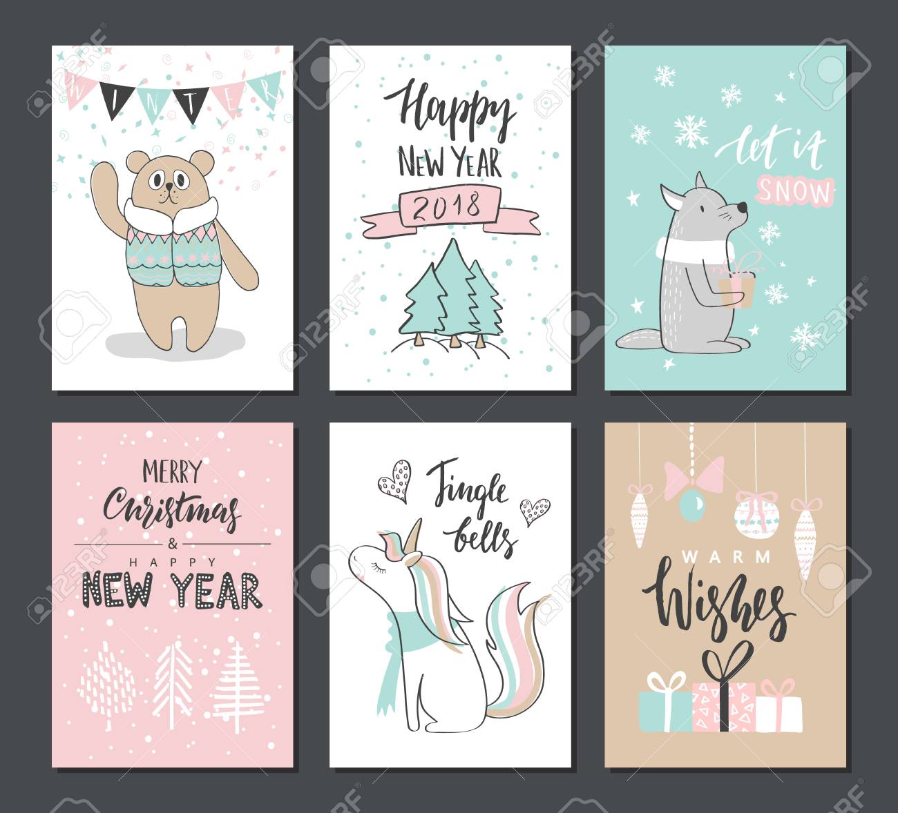 クマ オオカミ ユニコーン他の項目とクリスマス手描きかわいいカード ベクトルの図 の写真素材 画像素材 Image