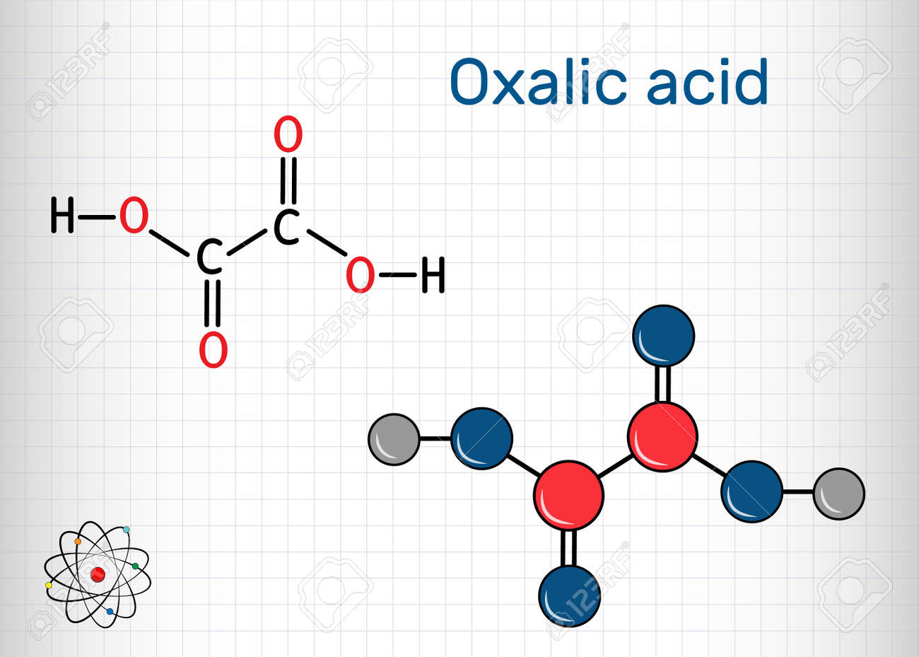 Oxalic acid C2H2O4 molecule. It is dicarboxylic acid. Structural chemical formula and molecule model. Sheet of paper in a cage. Vector illustration - 139214606 Oxalic acid C2H2O4 molecule. It is dicarboxylic acid. Structural chemical formula and molecule model. Sheet of paper in a cage. Vector illustration - 139214606