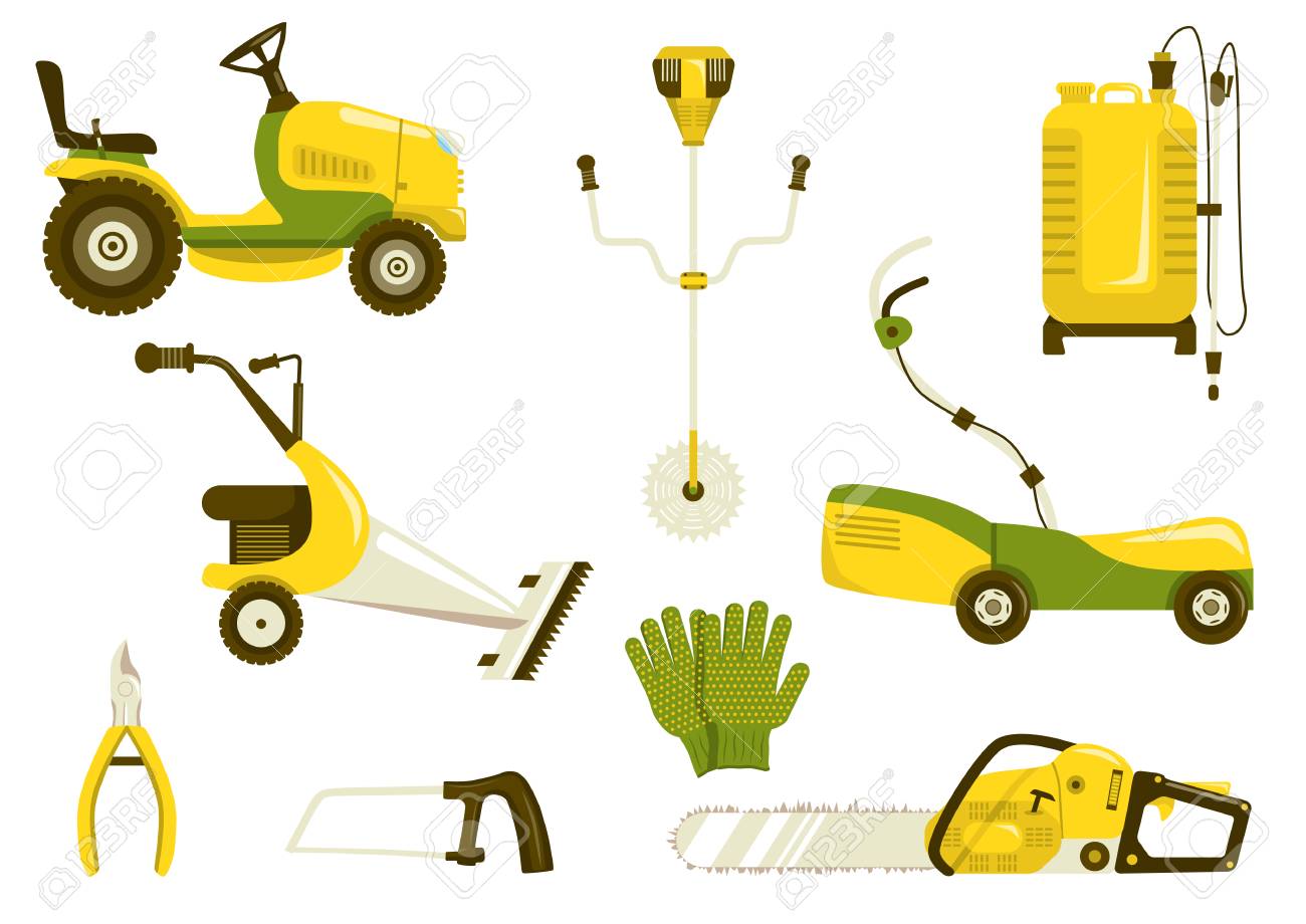 Set Of Garden Equipment For Grass Mowing Color Icons Illustration Stock Photo Picture And Royalty Free Image Image 100133961