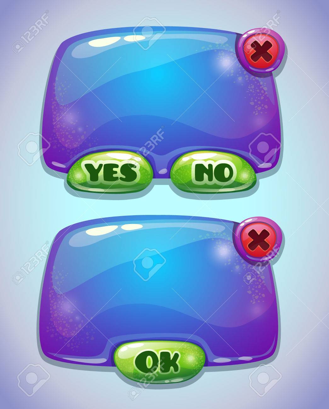 光沢のある青漫画のゲームのためのパネルまたは Web はい いいえを含む Ui とボタン Ok をのイラスト素材 ベクタ Image