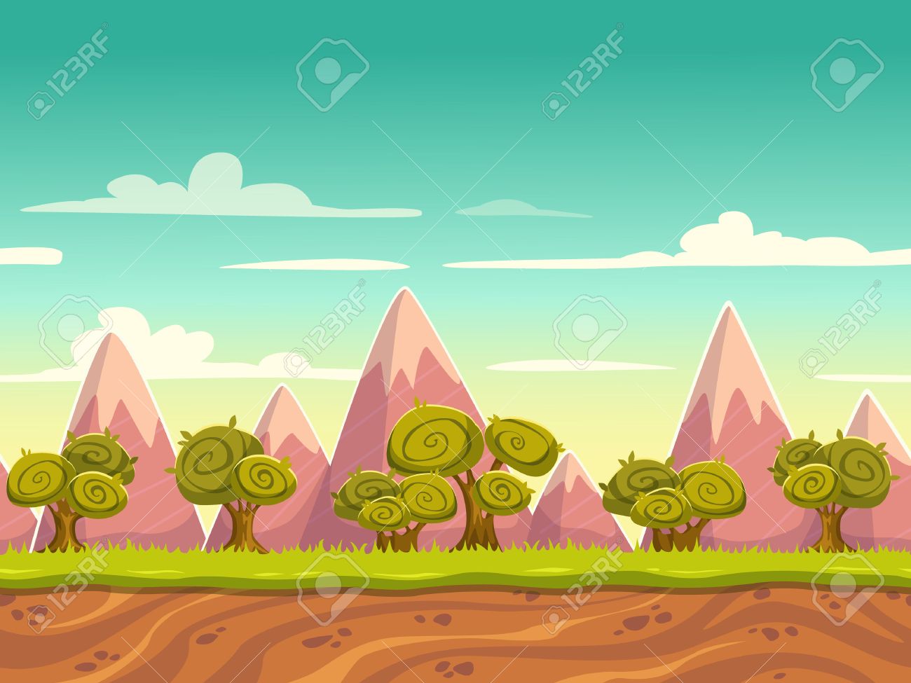 Seamless nature paysage de dessin animé, fond sans fin avec le sol, les arbres, les montagnes et les couches de ciel nuageux Seamless nature paysage de dessin animé, fond sans fin avec le sol, les arbres, les montagnes et les couches de ciel nuageux