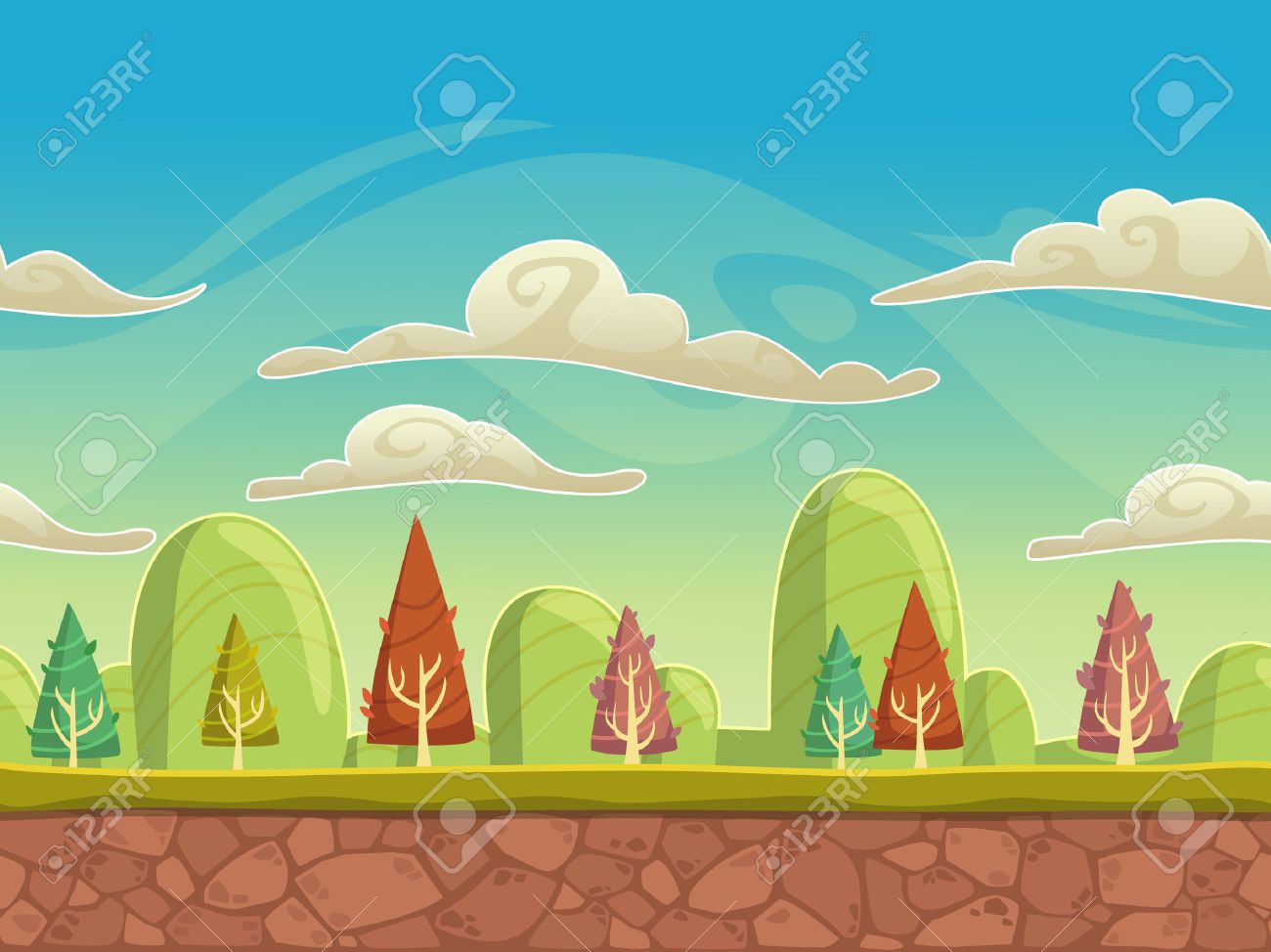 Seamless nature paysage de dessin animé, fond sans fin avec le sol, les arbres, les montagnes et les couches de ciel nuageux Seamless nature paysage de dessin animé, fond sans fin avec le sol, les arbres, les montagnes et les couches de ciel nuageux