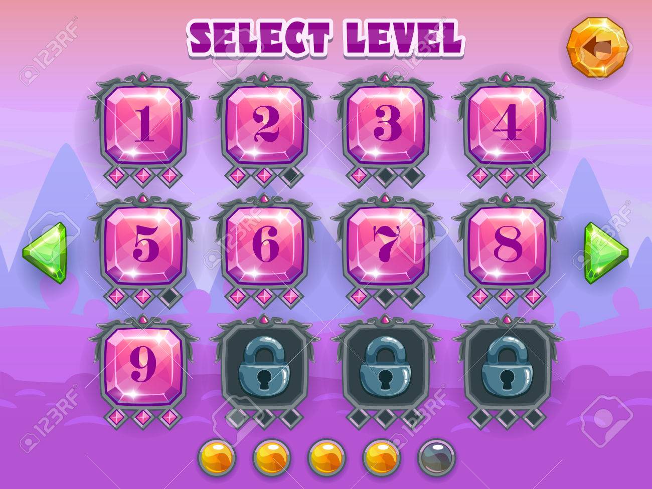 漫画のゲームのレベル選択画面 幻想的な背景にクリスタル ゲーム資産をベクトル のイラスト素材 ベクタ Image