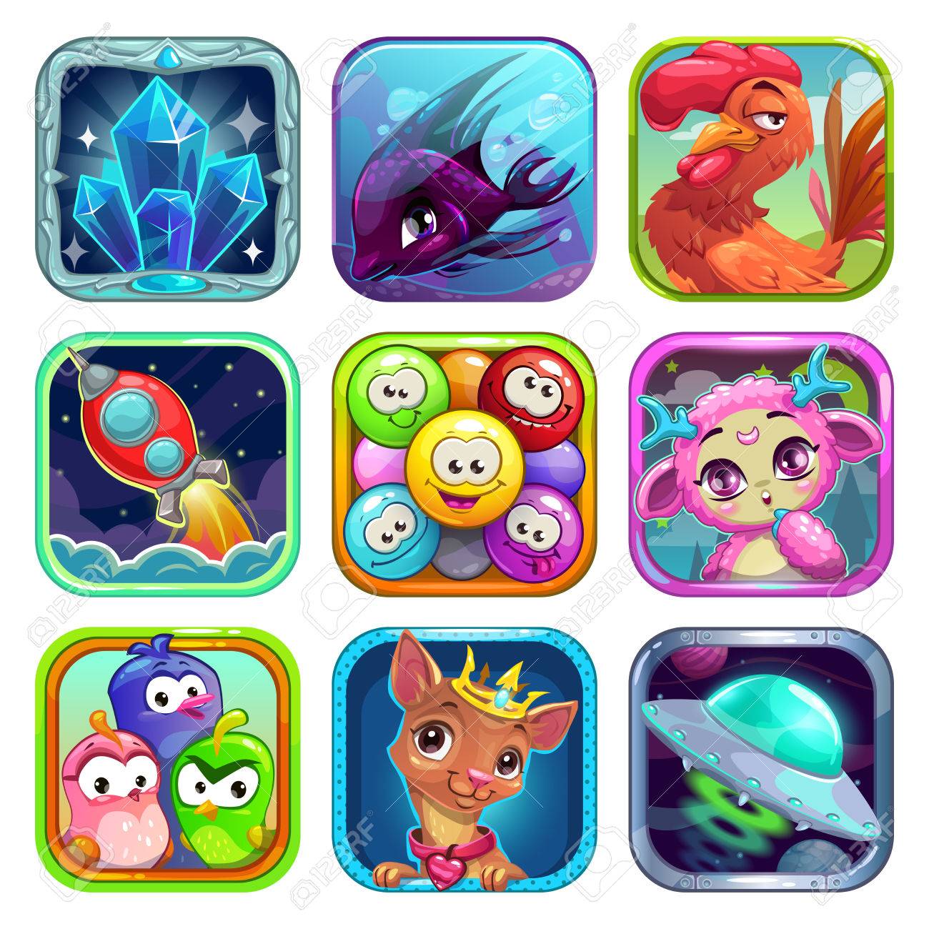 Funny Cartoon Square App Icons For Application Store Game Logo Royalty Free Cliparts Vectors And Stock Illustration Image 68116329