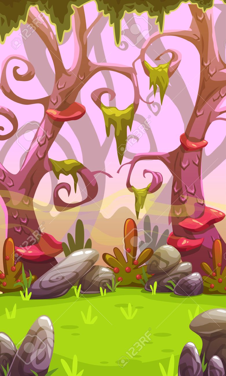 Fantasy Cartoon Wald Landschaft. Vertikale Natur Hintergrund Für Handy-Bildschirm.  Kühle Bunte Im Freienillustration. Level Ort Für Spieldesign. Lizenzfrei  nutzbare SVG, Vektorgrafiken, Clip Arts, Illustrationen. Image 69047944.