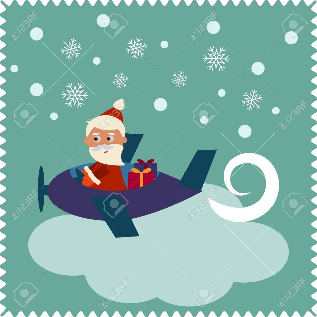 merry christmas greeting card with happy santa claus on airplane