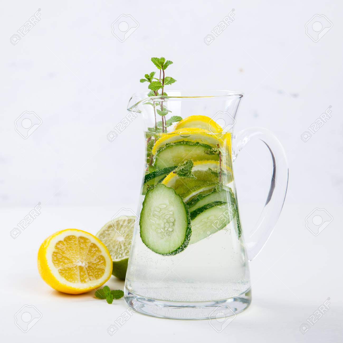 Detox Infused Water With Lemon Lime Cucumber And Mint In The Stock Photo Picture And Royalty Free Image Image 72024218
