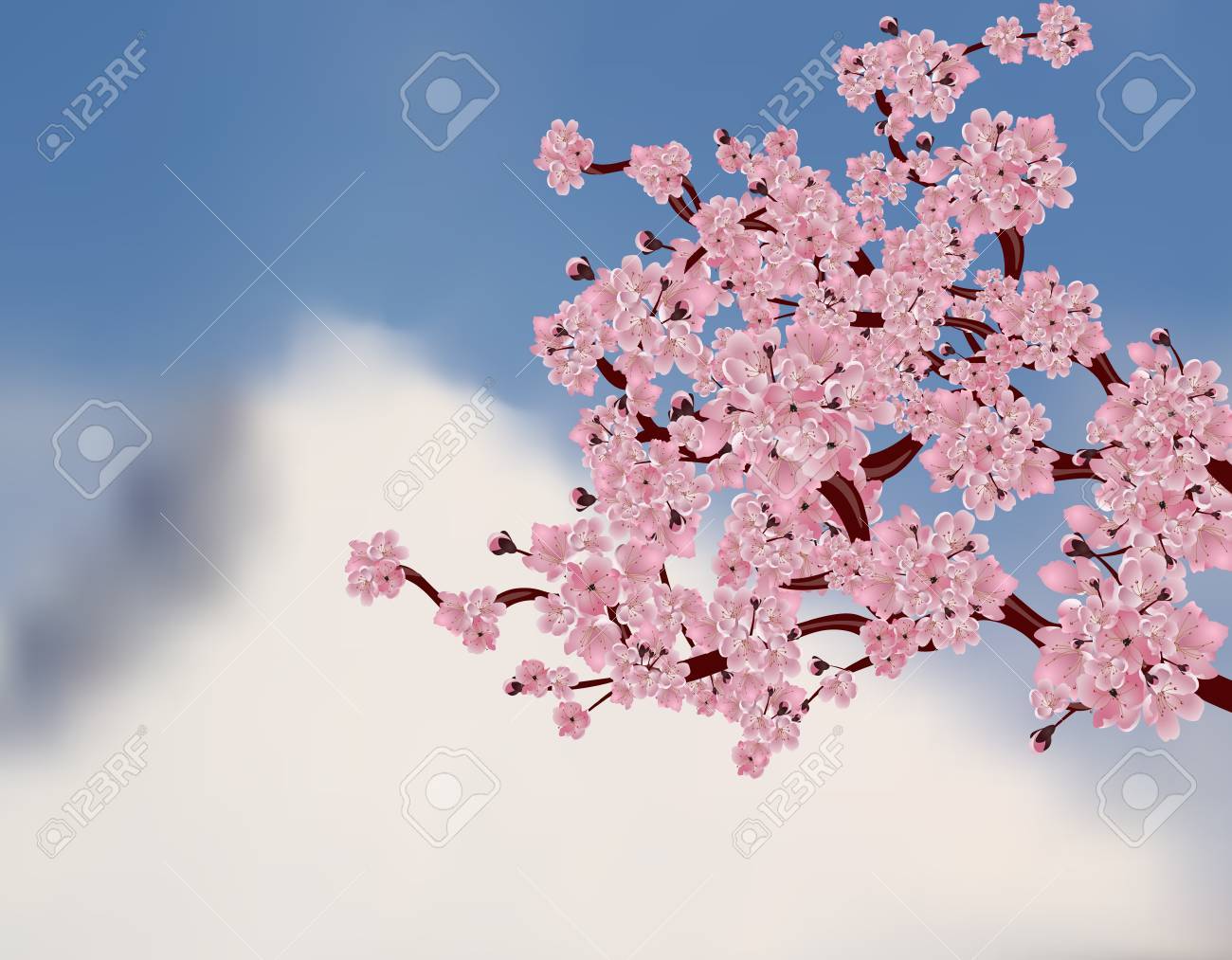 日本の桜の木 さくら 山の背景にピンクの花で分岐します ベクトル図 のイラスト素材 ベクタ Image