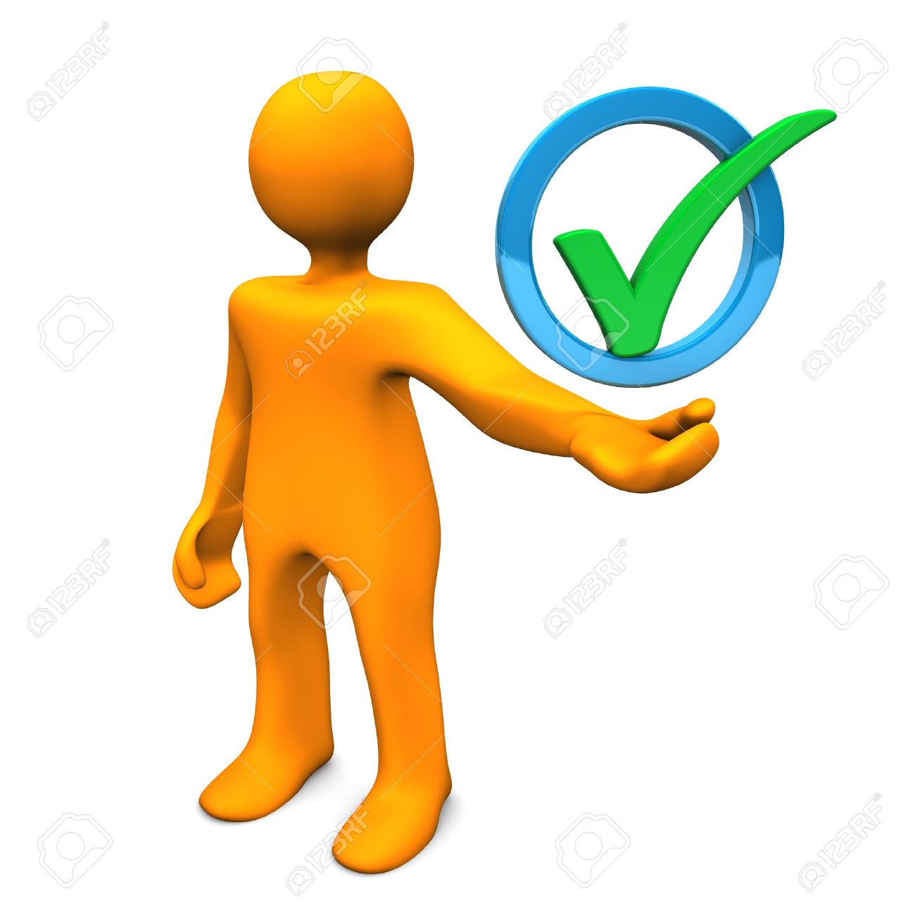 青色のリングに緑色のチェック マークとオレンジ色の漫画のキャラクター の写真素材 画像素材 Image