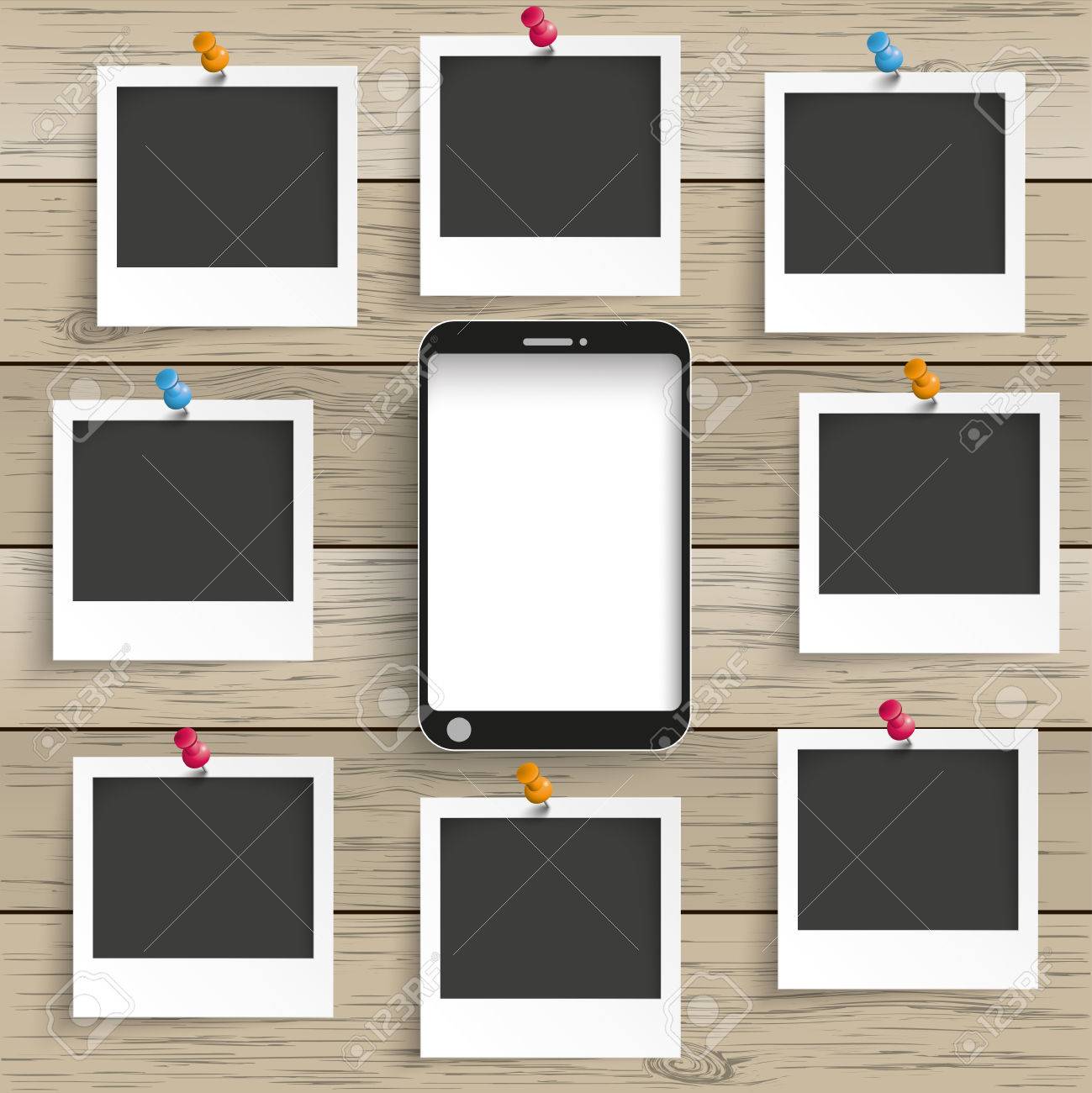 木製の背景にフォト フレームを持つスマート フォン Eps 10 ベクトル ファイル のイラスト素材 ベクタ Image
