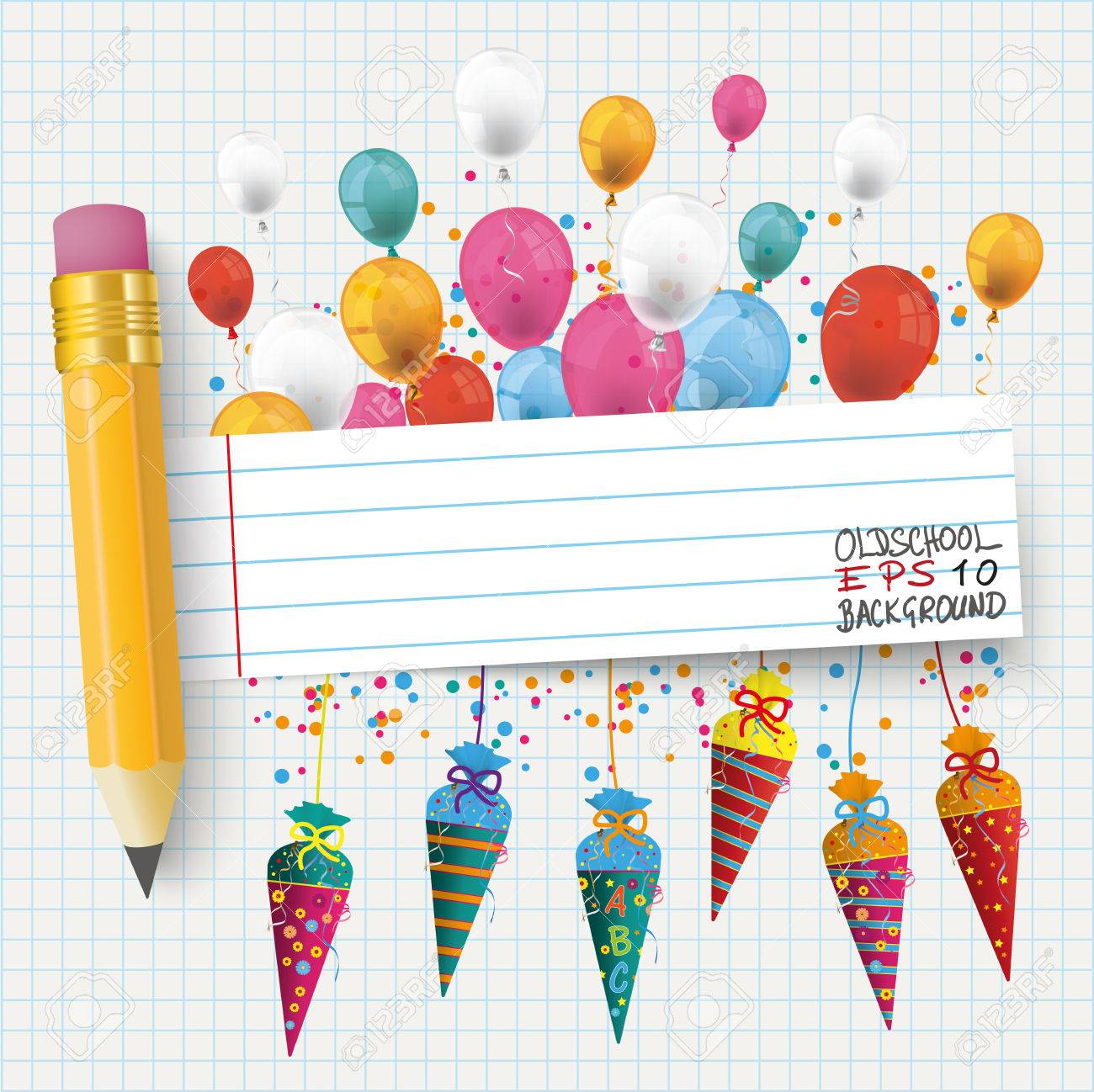 checked school paper with colored balloons candy cones pencil and striped banner eps