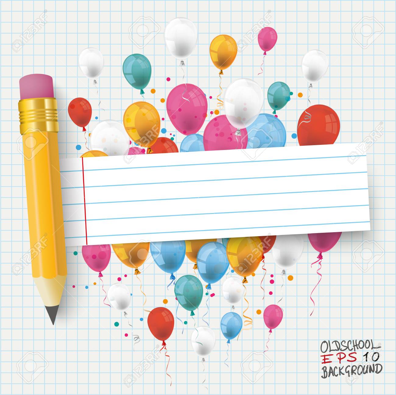 checked school paper with colored balloons pencil and striped banner eps 10 vector file