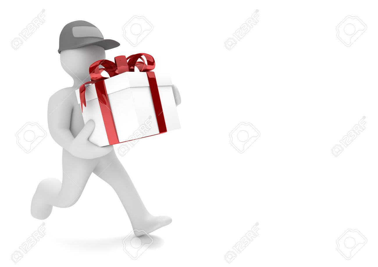 ギフト箱に赤いリボンと白い漫画のキャラクターを実行しています 3 D イラスト の写真素材 画像素材 Image
