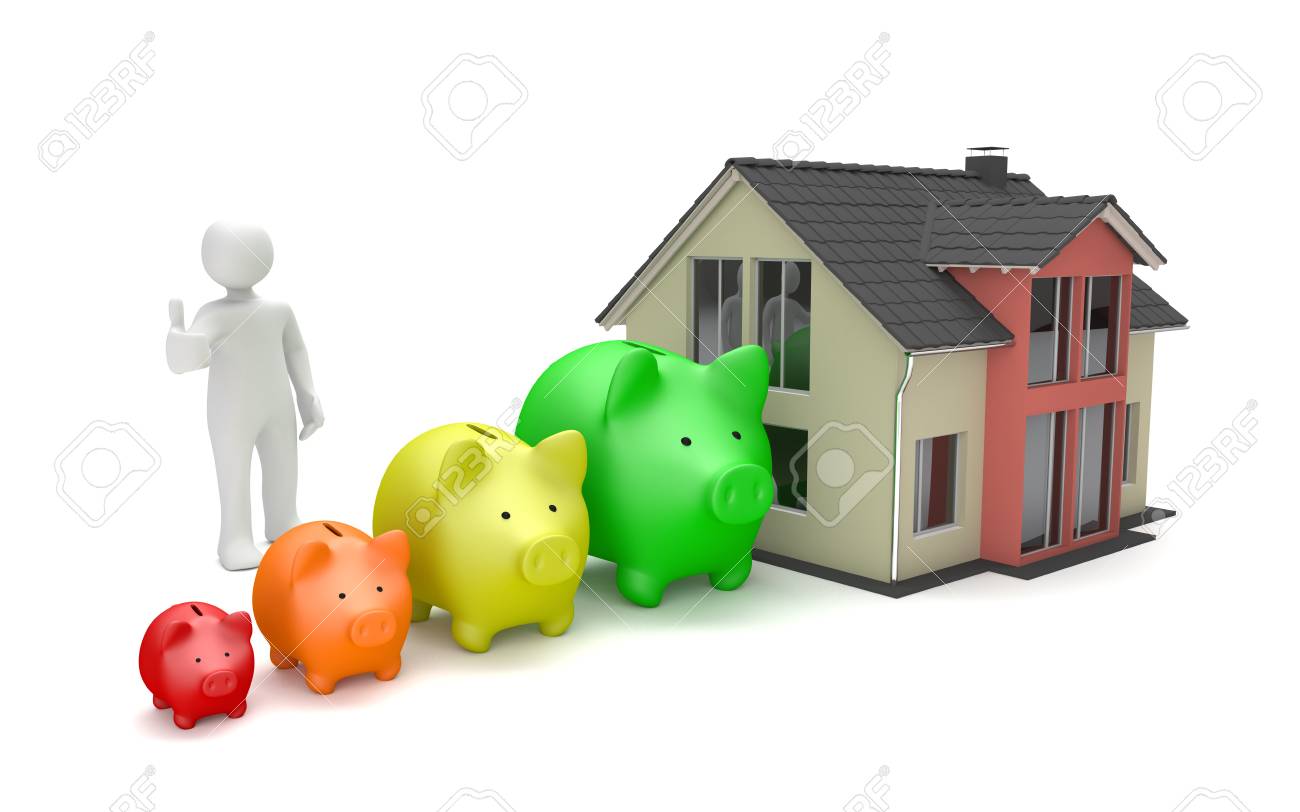 Weisse Zeichentrickfilm Figur Mit Sparschweinen Und Hausbau Auf Dem