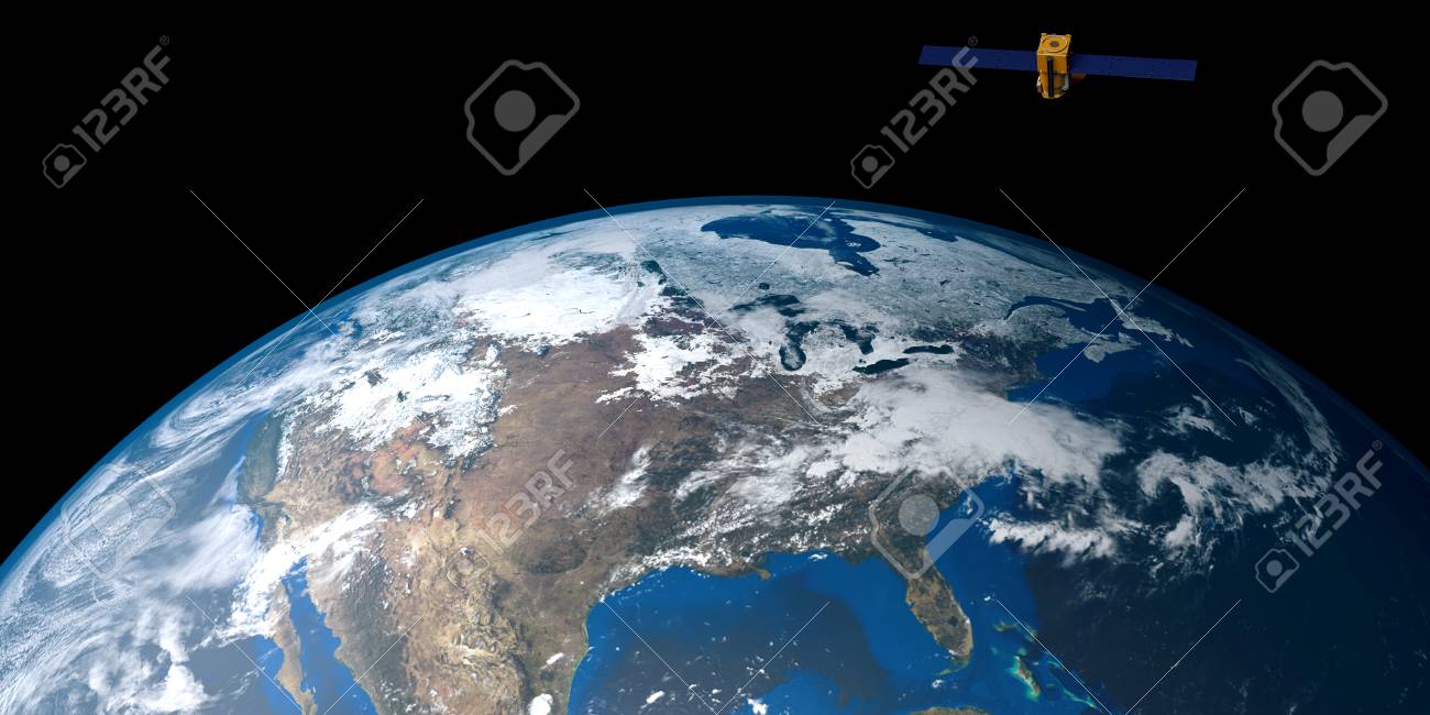 地球を周回する Gps 衛星の非常に詳細なリアルな 3 D イラスト 宇宙から撮影します このイメージの要素は Nasa に用意されています の写真素材 画像素材 Image