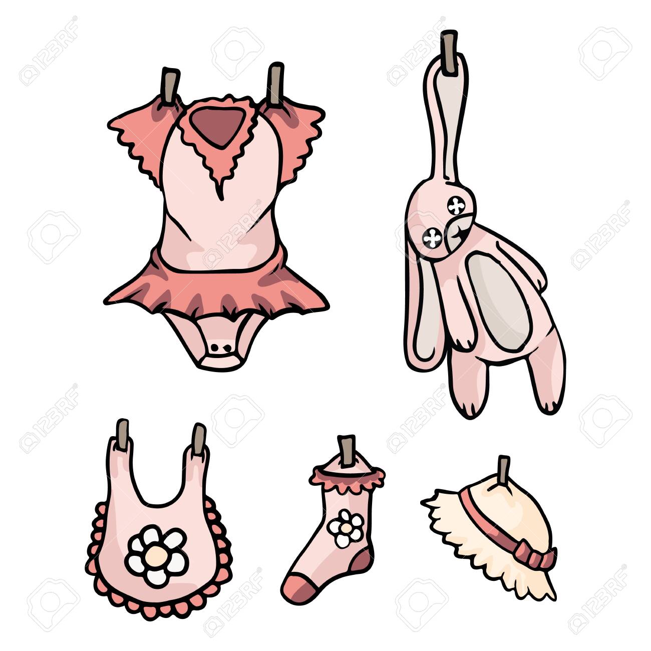 愛らしい新しい女の赤ちゃんイラストコレクションセット トレンディなパステルカラーベビーグロー衣装 かわいい靴下 かわいいおもちゃのウサギ 新しい赤ちゃんスクラップブッキング カード ベビーシャワーの招待状 のイラスト素材 ベクタ Image