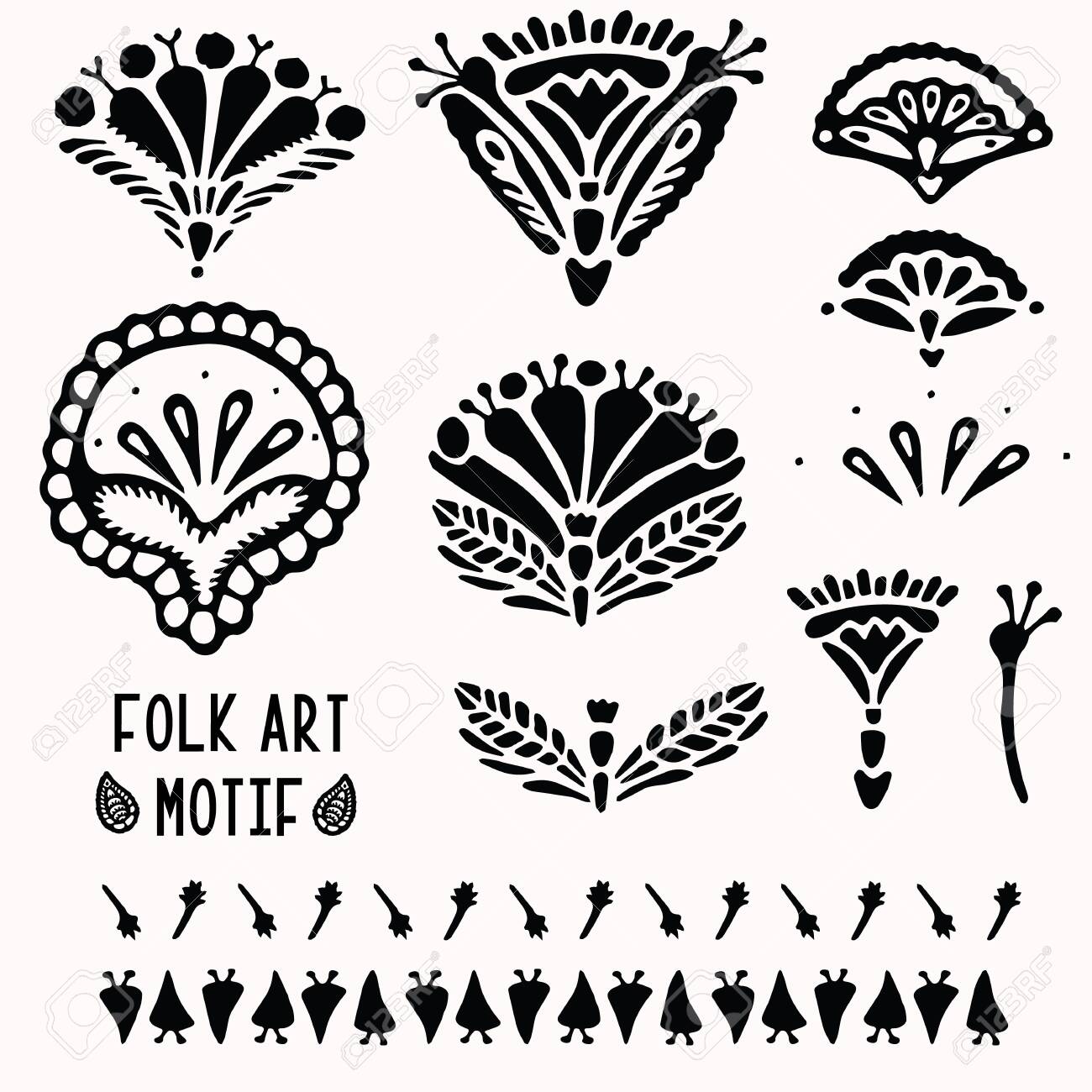 Ornamental Paisley Floral Folk Art Elements For Design Set Hand Drawn Linocut Block Print Style Folkloric Clip Art Decor Collection Decorative Flourish Motif Arabesque Tattoo Symbol Shape Royalty Free Cliparts Vectors And