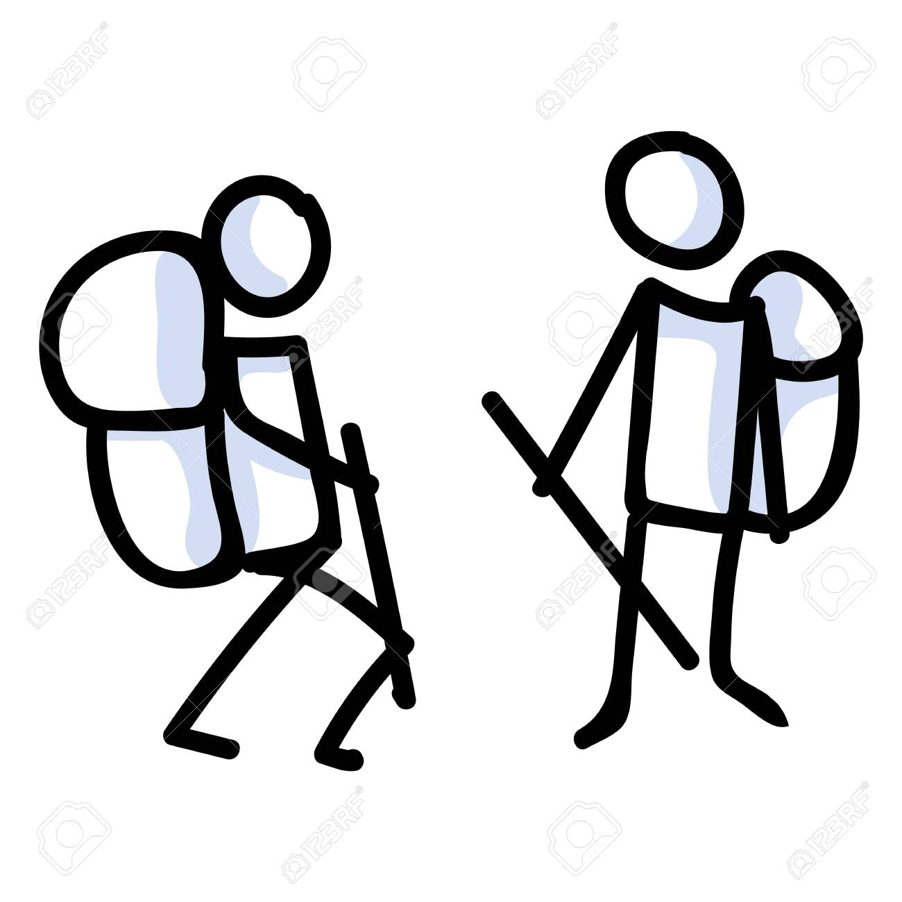 Hiking Stick Figure Line Art Icon. Carrying Backpack, Track Pole With Group  . Outdoor Leisure Walking, Climbing Trekking Lifestyle . Wilderness  Adventure And Nature Travel Bonding. Клипарты, SVG, векторы, и Набор  Иллюстраций