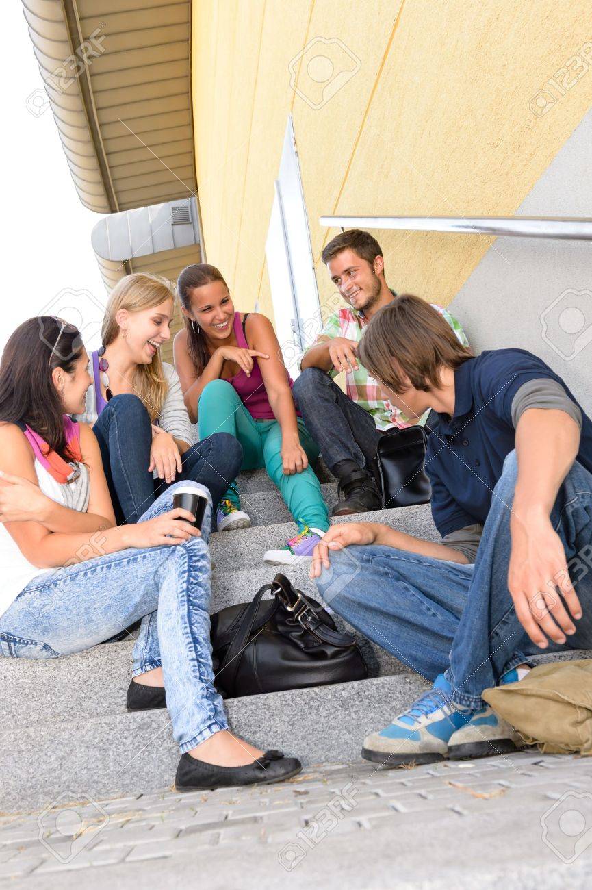students laughing on school stairs in break teens college relaxing teens collage