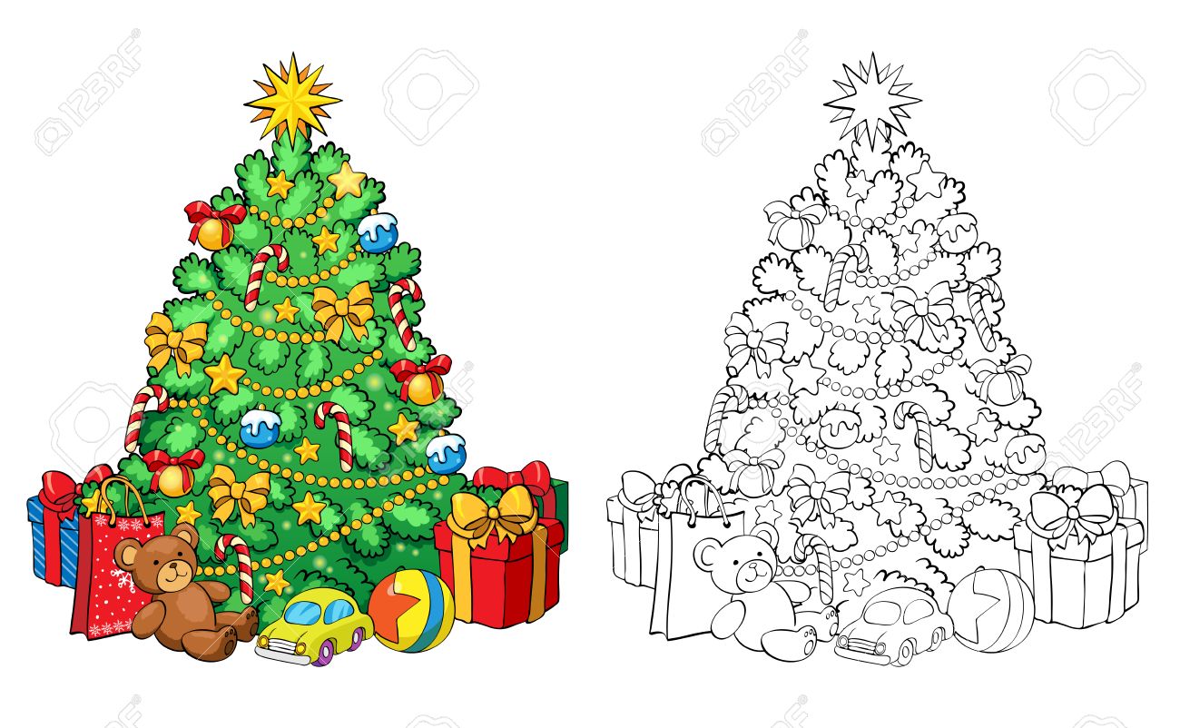 ブックまたはページ イラストのぬりえ クリスマス ツリーの装飾とのギフトです グリーティング カードのコンセプトです のイラスト素材 ベクタ Image