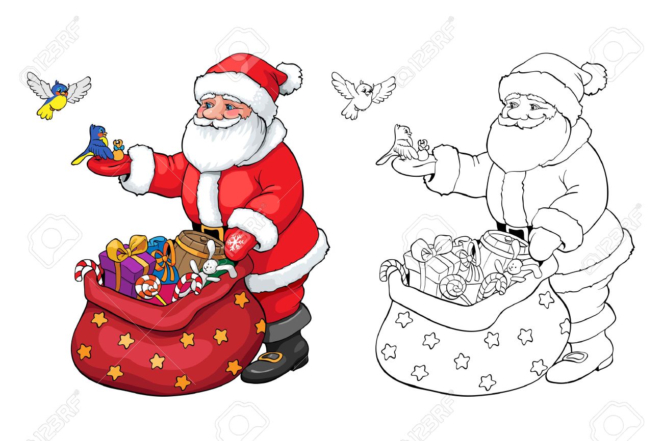 Coloring book or page Santa Claus and birds with Christmas ts Stock Vector