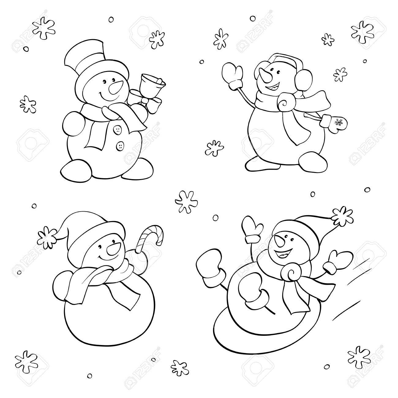 Coloring Book Or Page Vector Set With Fanny Snowman Stock